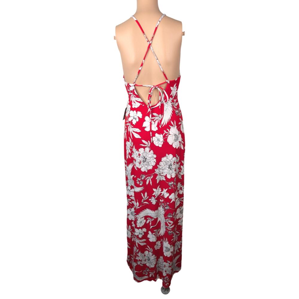 NWT Express Halter Maxi Dress XS Red White Crane Floral Side Slit Tie Back - Picture 10 of 12